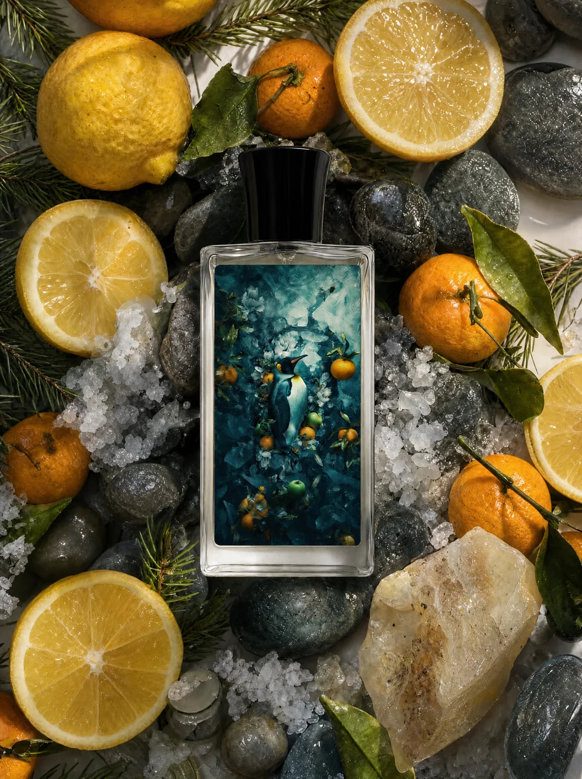 Iceberg bottle among lemons, sea salt, mandarin and pine
