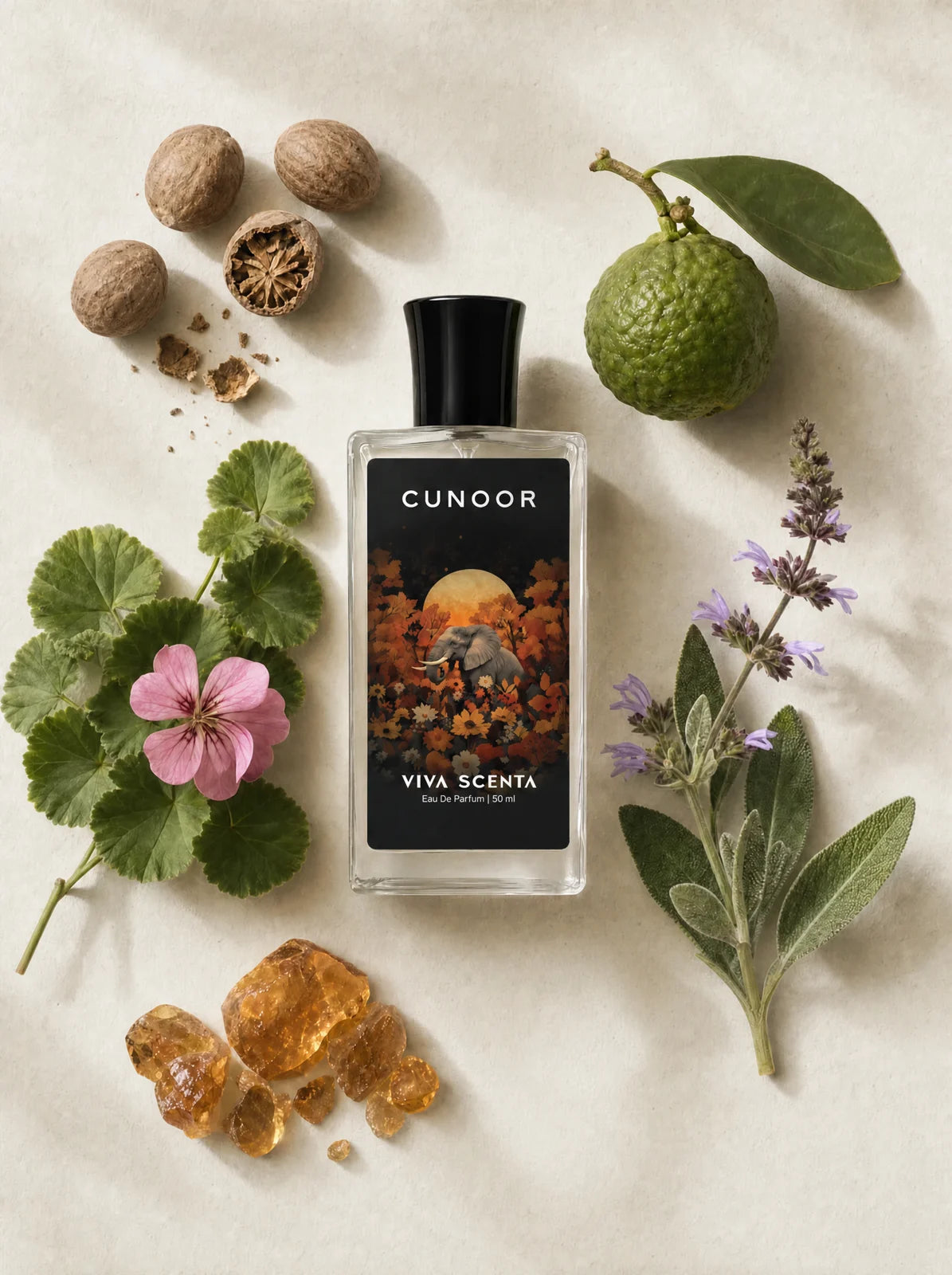 Cunoor bottle among its ingredients, flat lay