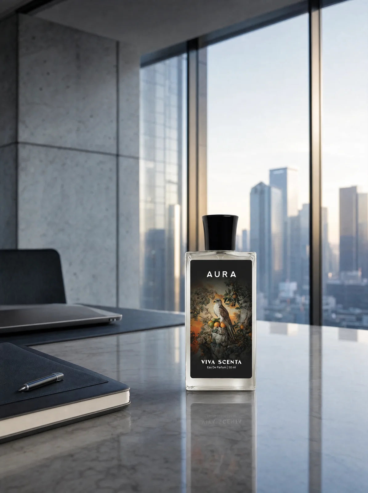 Aura bottle on a polished desk in a glass-walled office at first light