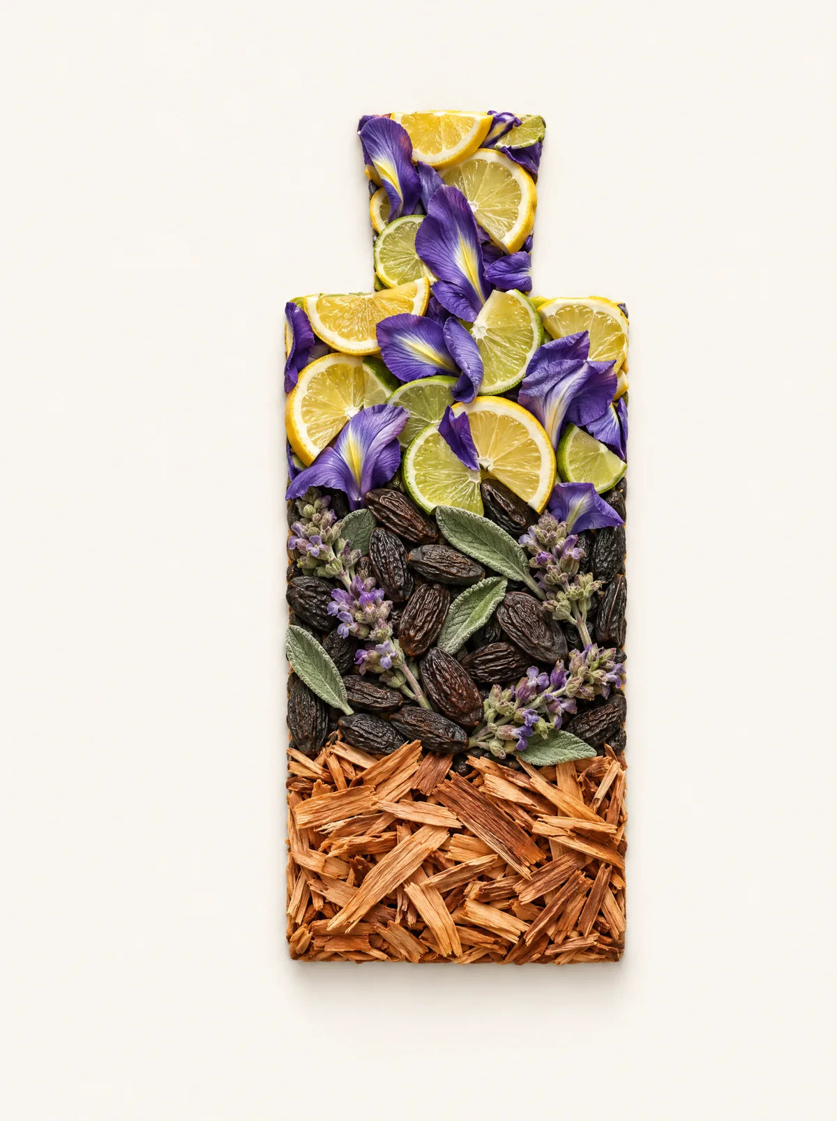 Aura bottle silhouette formed from its ingredients, top notes at the top, base notes at the base