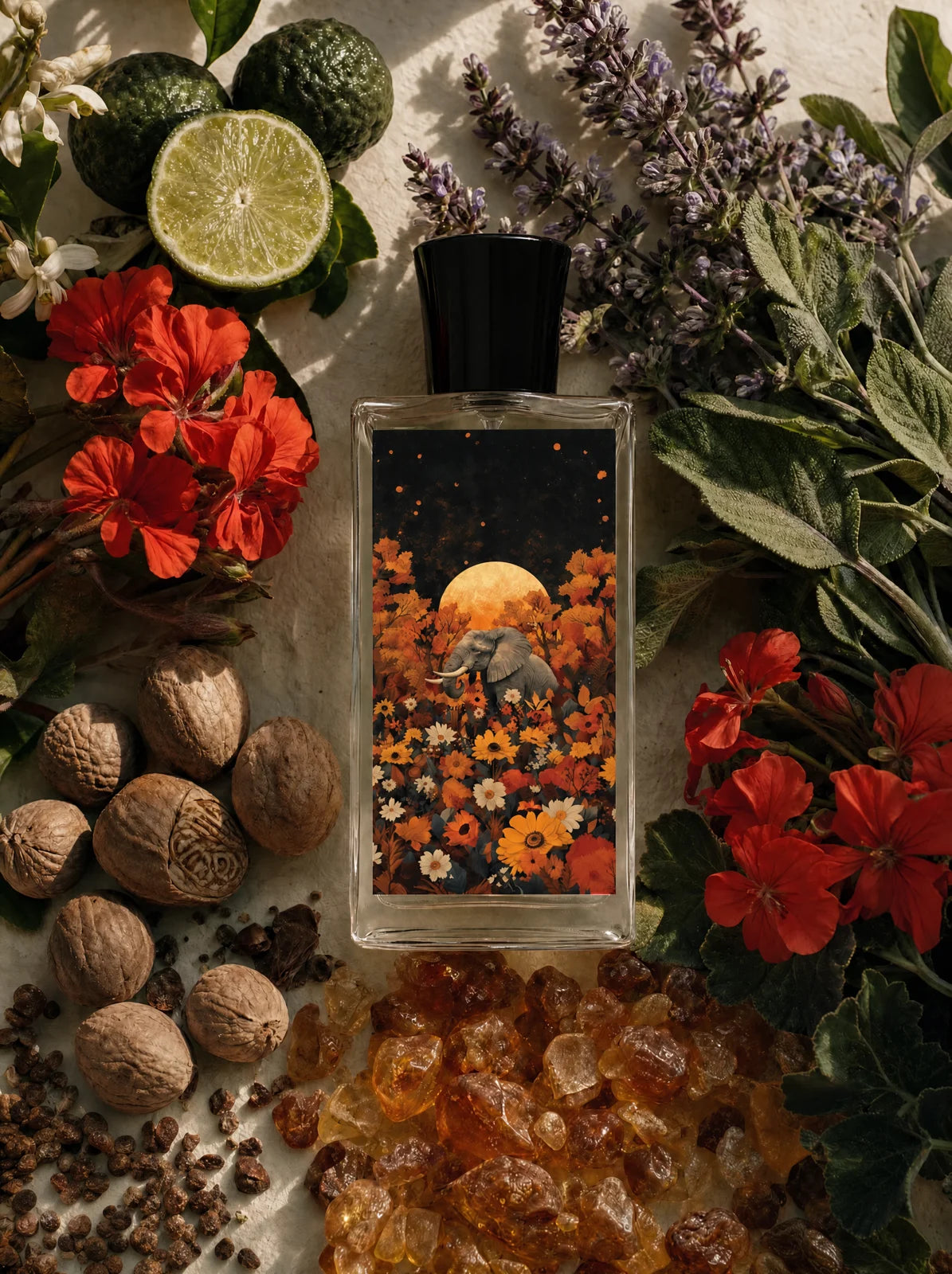 Cunoor bottle among nutmeg, bergamot, geranium and amber