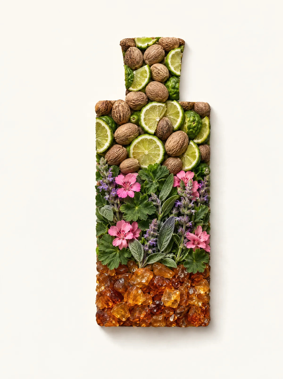 Cunoor bottle silhouette formed from its ingredients, top notes at the top, base notes at the base