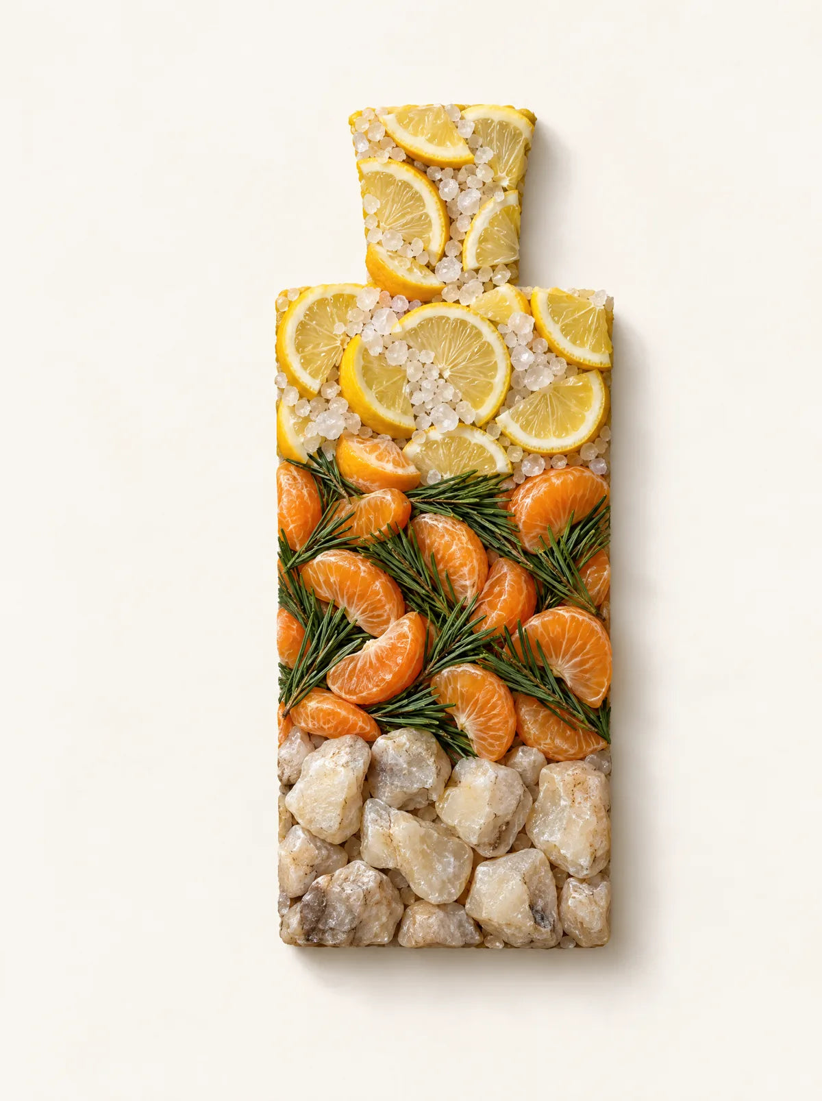 Iceberg bottle silhouette formed from its ingredients, top notes at the top, base notes at the base