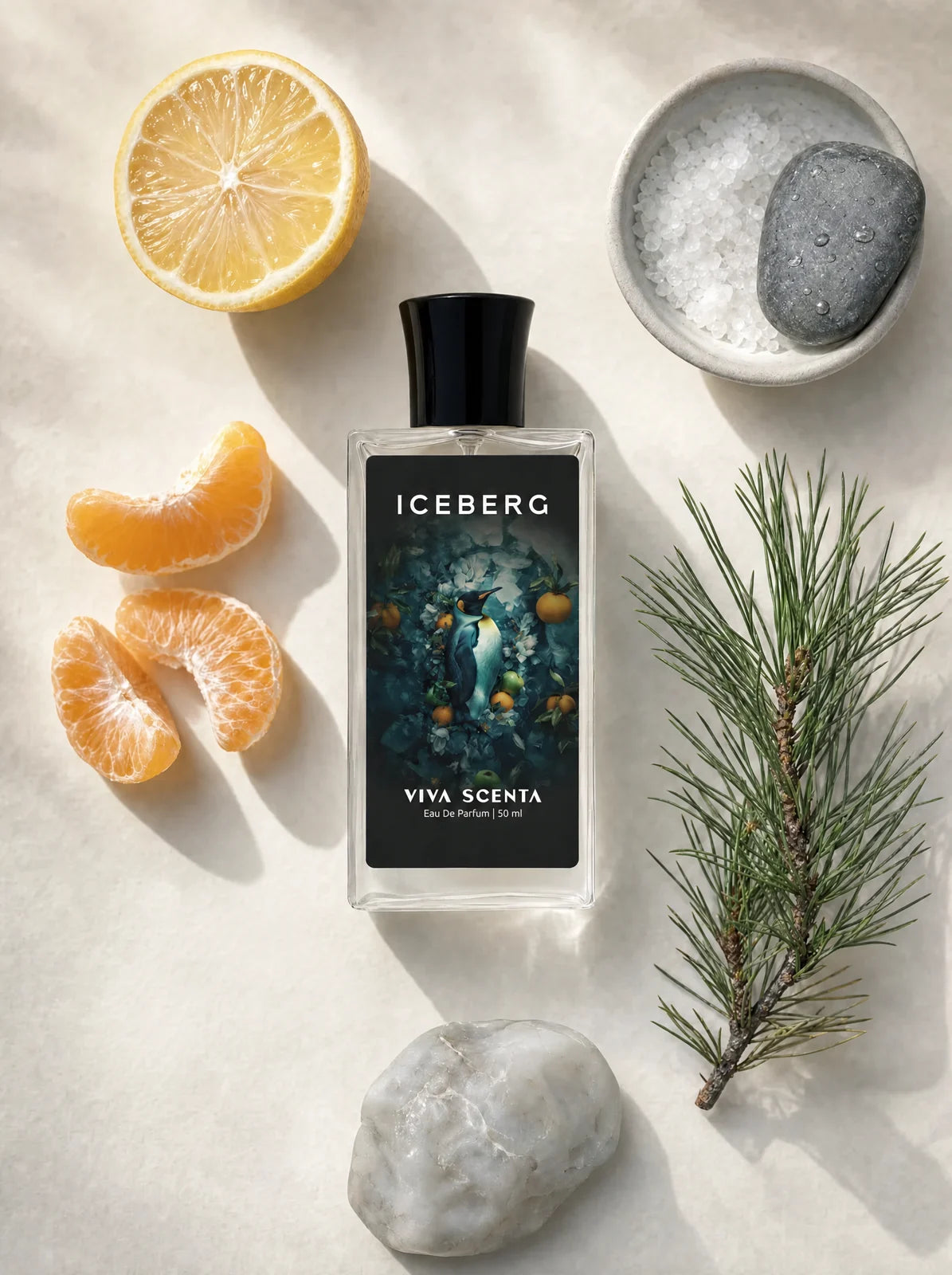 Iceberg bottle among its ingredients, flat lay