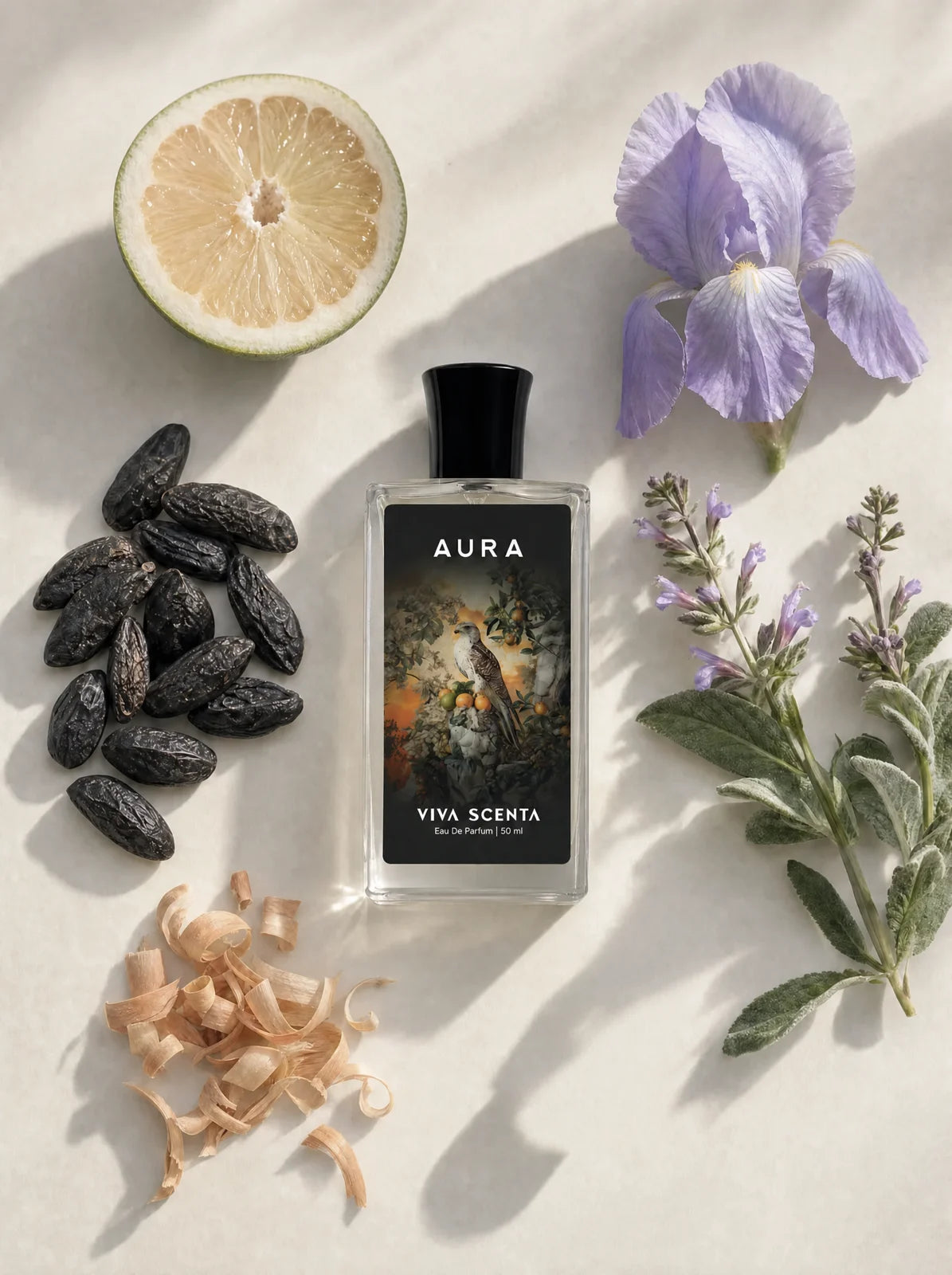 Aura bottle among its ingredients, flat lay