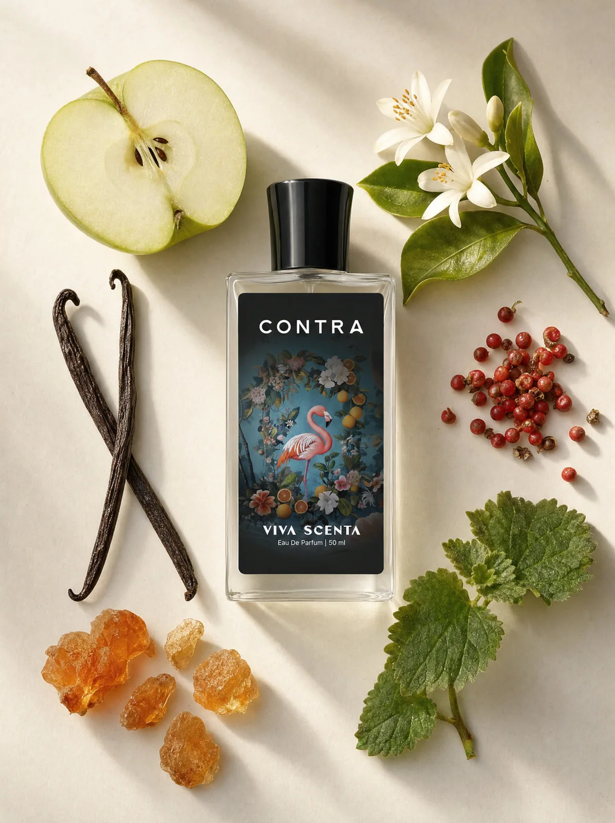 Contra bottle among its ingredients, flat lay